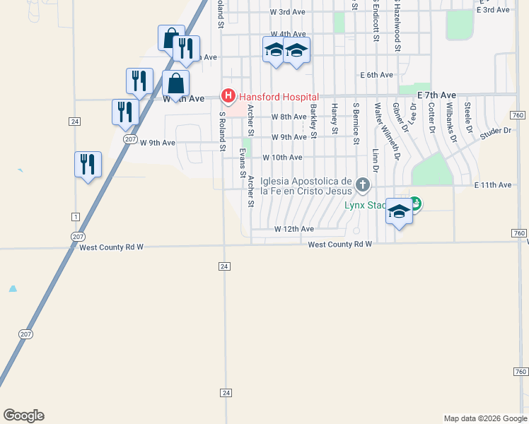map of restaurants, bars, coffee shops, grocery stores, and more near 375-421 W 12th Ave in Spearman