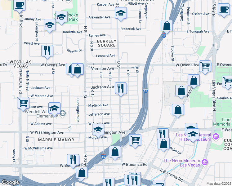 map of restaurants, bars, coffee shops, grocery stores, and more near 412 West Monroe Avenue in Las Vegas