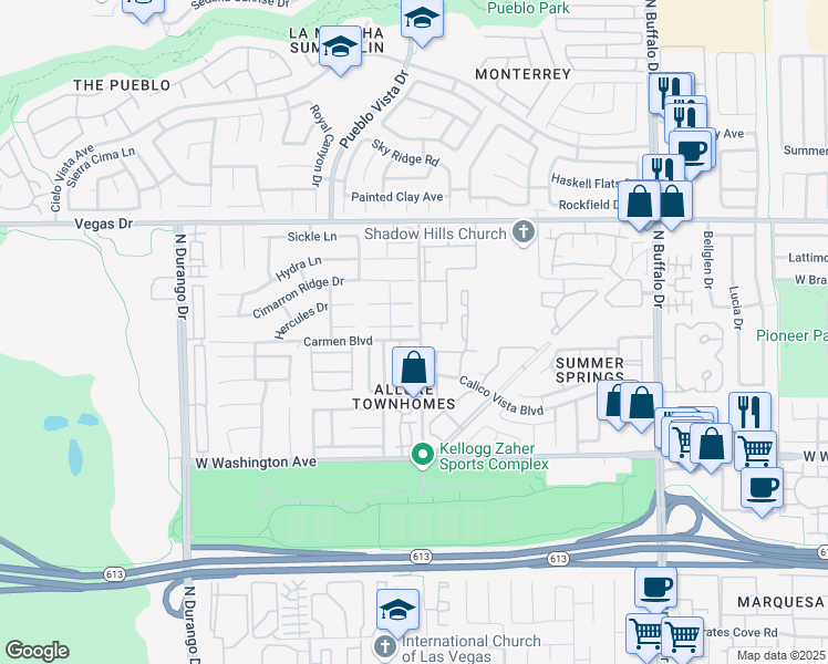 map of restaurants, bars, coffee shops, grocery stores, and more near 8001 Cetus Circle in Las Vegas