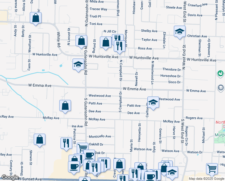 map of restaurants, bars, coffee shops, grocery stores, and more near 2007 West Emma Avenue in Springdale