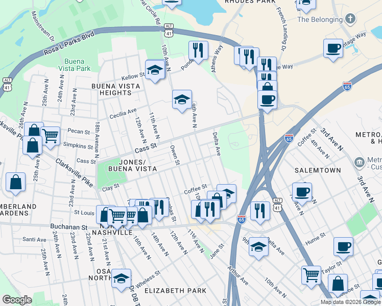 map of restaurants, bars, coffee shops, grocery stores, and more near 1007B Clay Street in Nashville