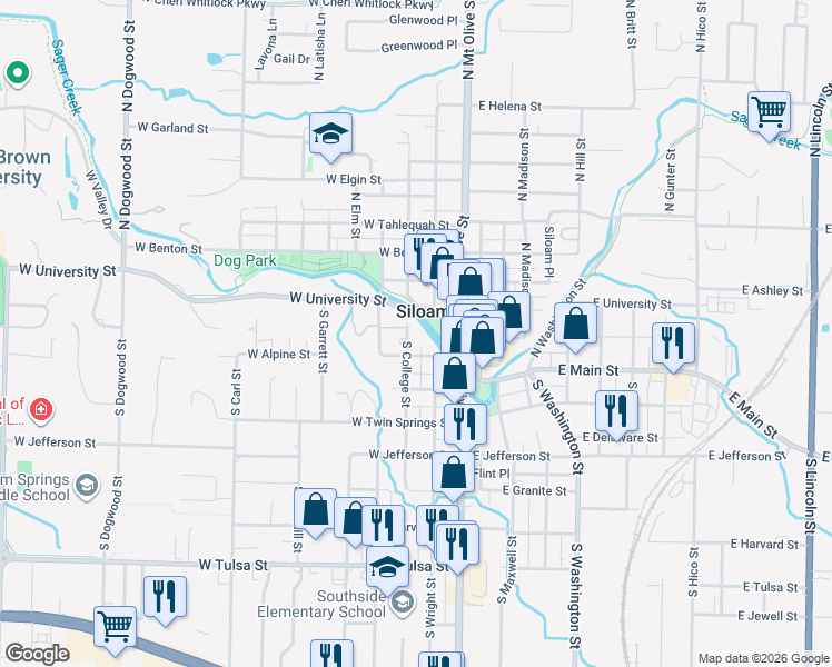 map of restaurants, bars, coffee shops, grocery stores, and more near 103 South College Street in Siloam Springs