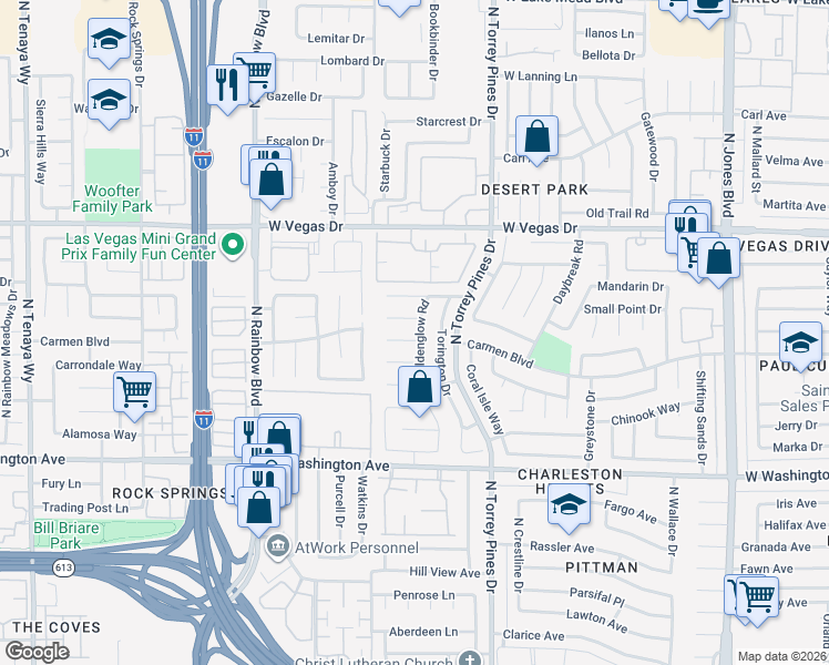 map of restaurants, bars, coffee shops, grocery stores, and more near 6500 White Swan Circle in Las Vegas