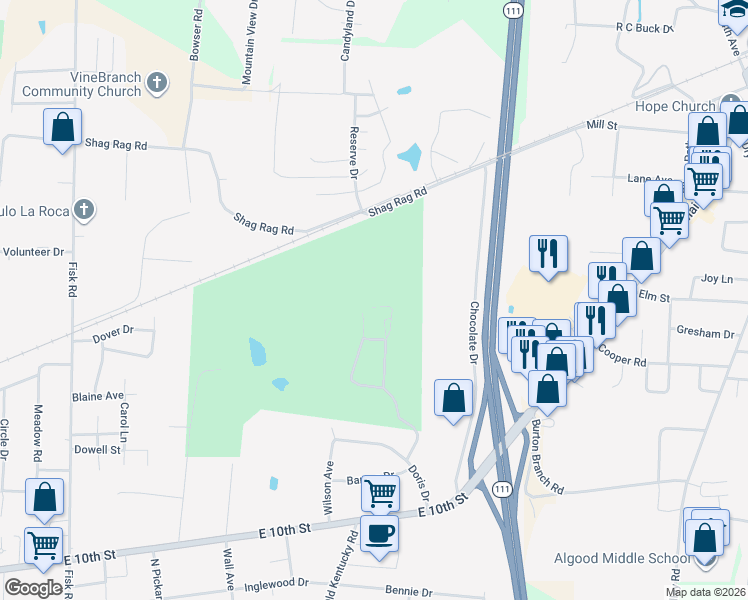 map of restaurants, bars, coffee shops, grocery stores, and more near 1769 Fairway Drive in Cookeville