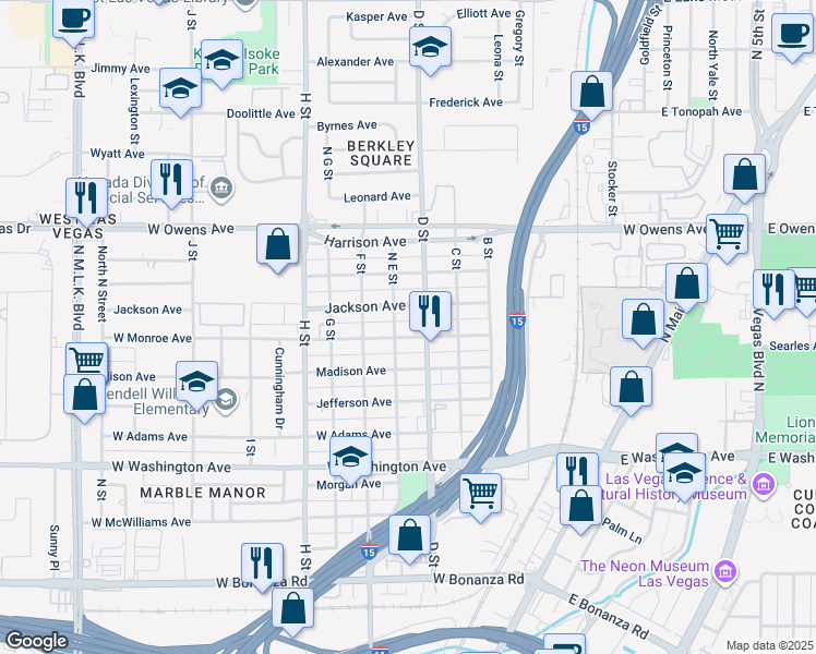 map of restaurants, bars, coffee shops, grocery stores, and more near 412 West Monroe Avenue in Las Vegas