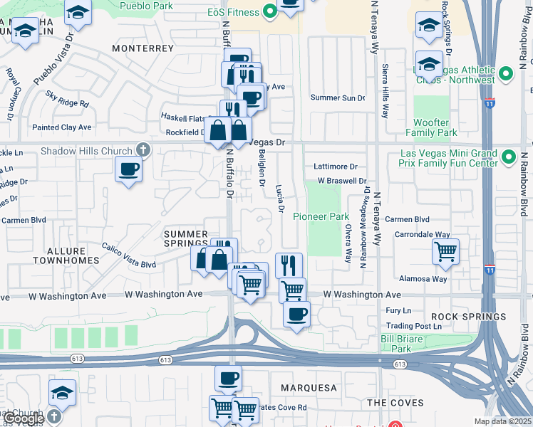 map of restaurants, bars, coffee shops, grocery stores, and more near 1150 North Buffalo Drive in Las Vegas