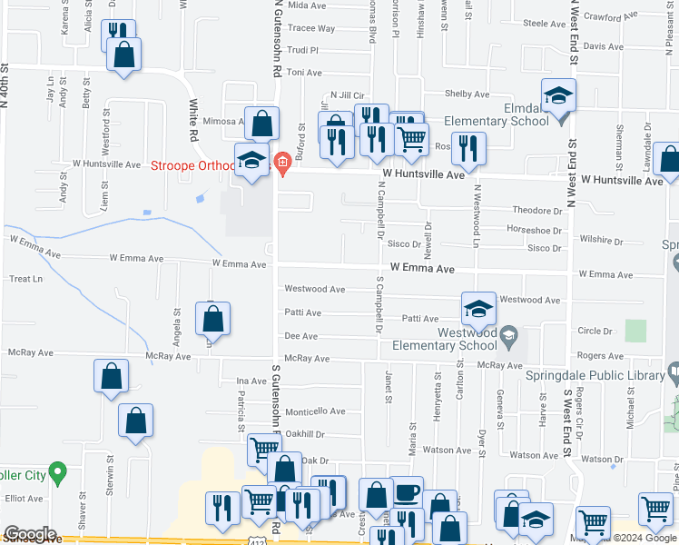 map of restaurants, bars, coffee shops, grocery stores, and more near 2013 West Emma Avenue in Springdale