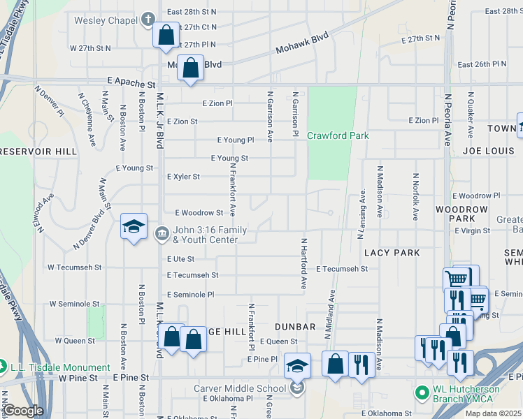 map of restaurants, bars, coffee shops, grocery stores, and more near 544 East Woodrow Street in Tulsa