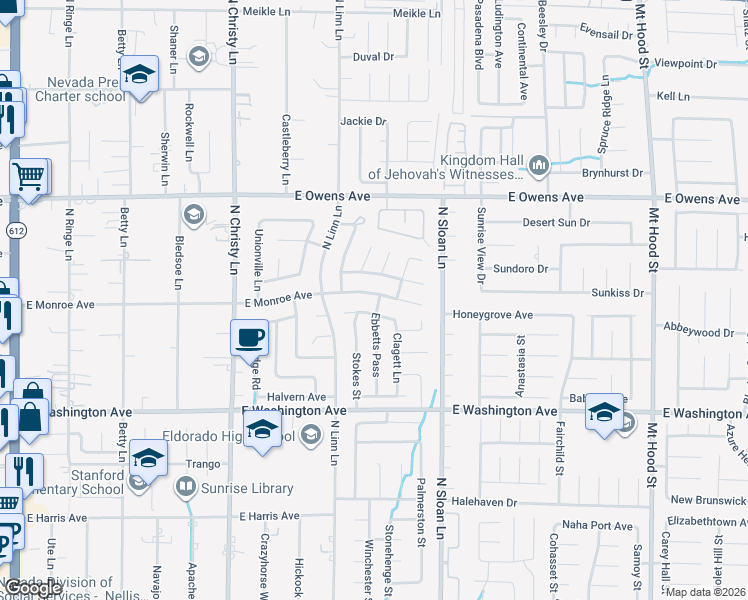 map of restaurants, bars, coffee shops, grocery stores, and more near 5803 East Monroe Avenue in Las Vegas