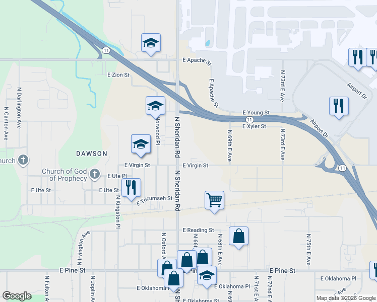 map of restaurants, bars, coffee shops, grocery stores, and more near 6565 East Virgin Street in Tulsa