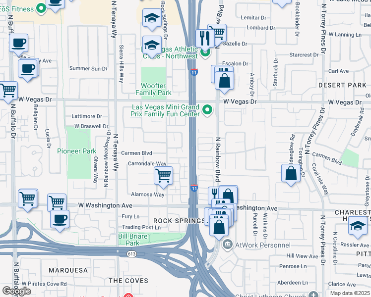 map of restaurants, bars, coffee shops, grocery stores, and more near 1320 Sunblossom Street in Las Vegas