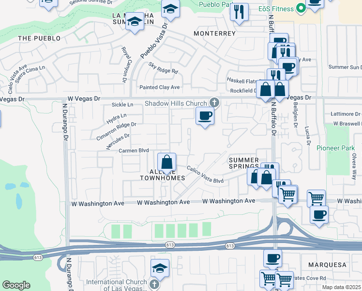 map of restaurants, bars, coffee shops, grocery stores, and more near 1320 Pinto Rock Lane in Las Vegas