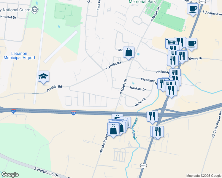map of restaurants, bars, coffee shops, grocery stores, and more near 255 Franklin Road in Lebanon