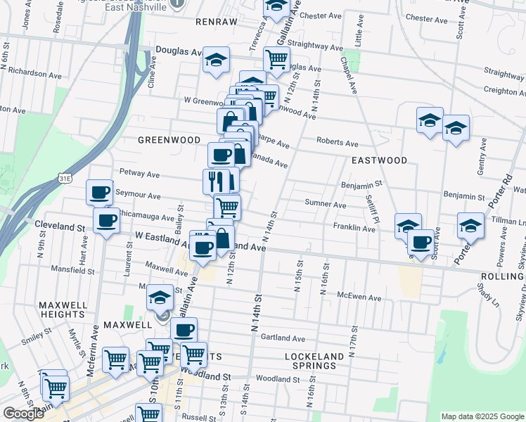 map of restaurants, bars, coffee shops, grocery stores, and more near 909 North 12th Street in Nashville