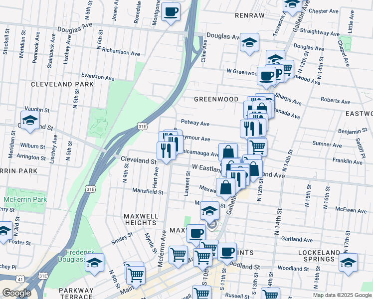 map of restaurants, bars, coffee shops, grocery stores, and more near 1000 Seymour Avenue in Nashville