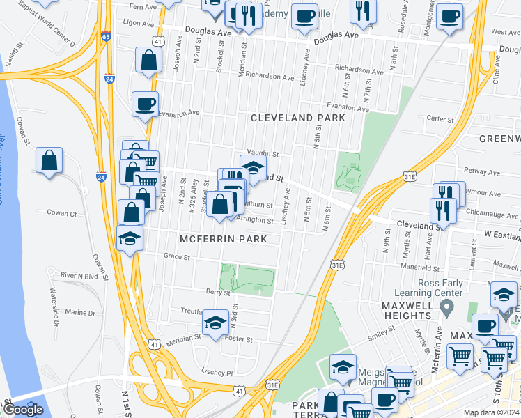 map of restaurants, bars, coffee shops, grocery stores, and more near 322 Cleveland Street in Nashville