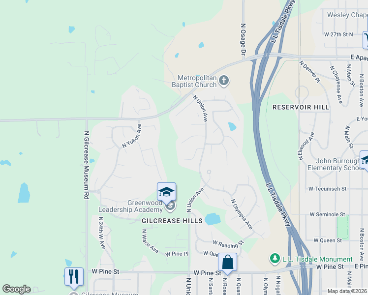 map of restaurants, bars, coffee shops, grocery stores, and more near 1747 West Woodrow Street in Tulsa