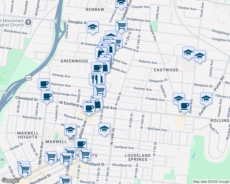 map of restaurants, bars, coffee shops, grocery stores, and more near 1303 Seymour Avenue in Nashville