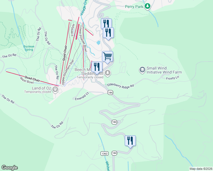 map of restaurants, bars, coffee shops, grocery stores, and more near 108 Elderberry Ridge Road in Beech Mountain