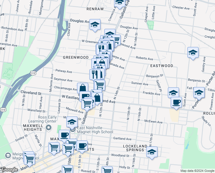 map of restaurants, bars, coffee shops, grocery stores, and more near 1260 Seymour Avenue in Nashville