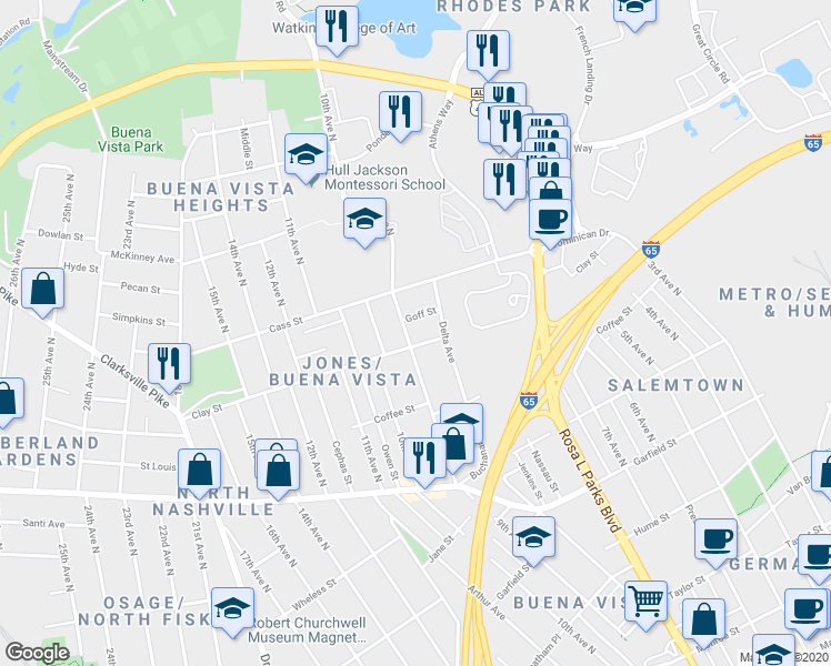 map of restaurants, bars, coffee shops, grocery stores, and more near 2016 9th Avenue North in Nashville