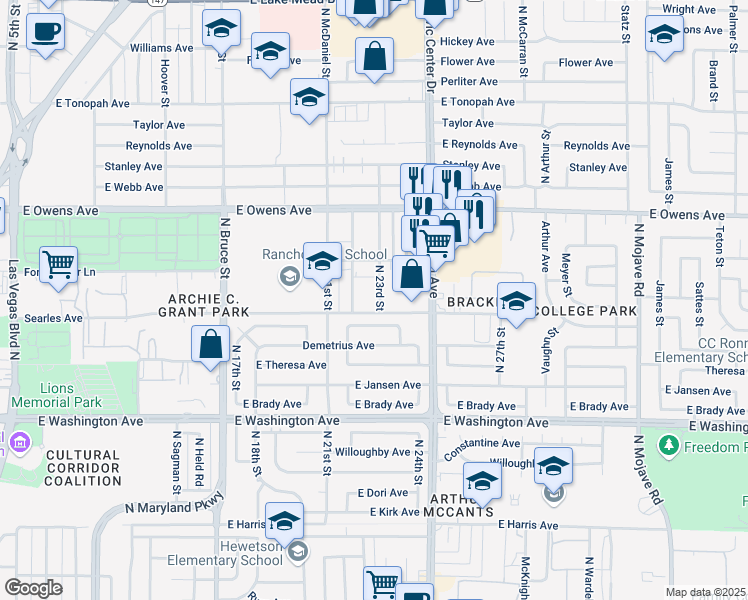 map of restaurants, bars, coffee shops, grocery stores, and more near 1309 North 23rd Street in Las Vegas