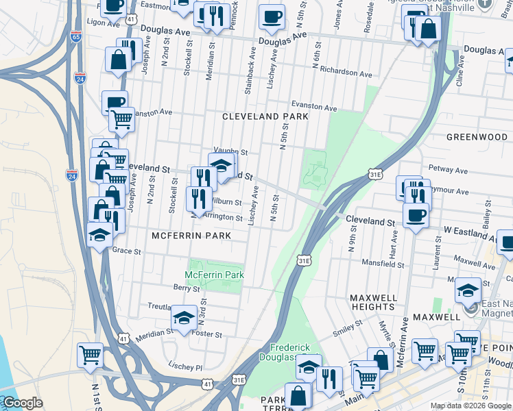 map of restaurants, bars, coffee shops, grocery stores, and more near 825 Lischey Avenue in Nashville