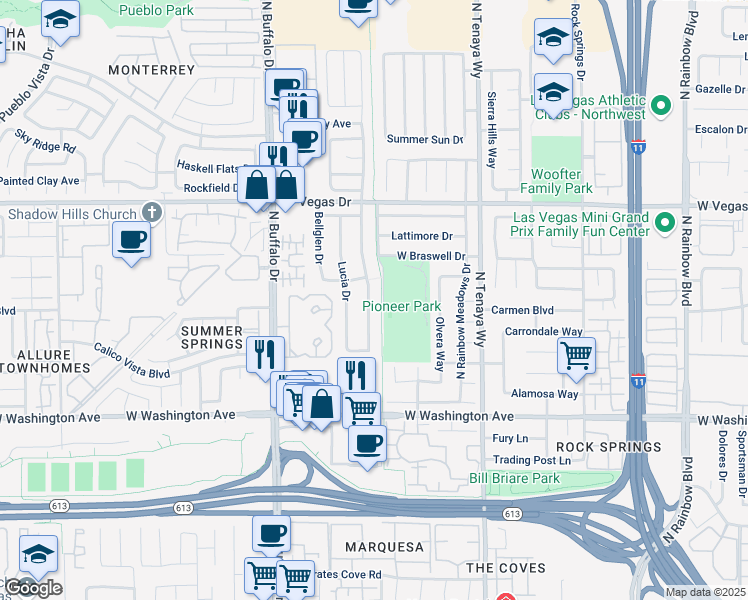 map of restaurants, bars, coffee shops, grocery stores, and more near 1312 Pacific Terrace Drive in Las Vegas