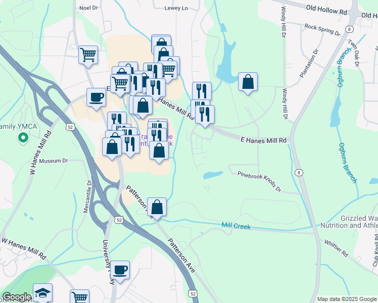 map of restaurants, bars, coffee shops, grocery stores, and more near 4513 Brassfield Drive in Winston-Salem