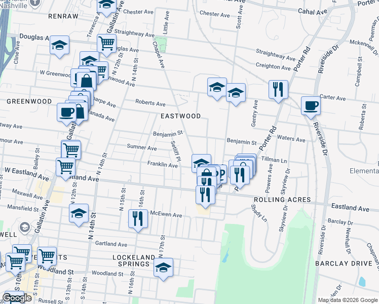 map of restaurants, bars, coffee shops, grocery stores, and more near 227 Chapel Avenue in Nashville