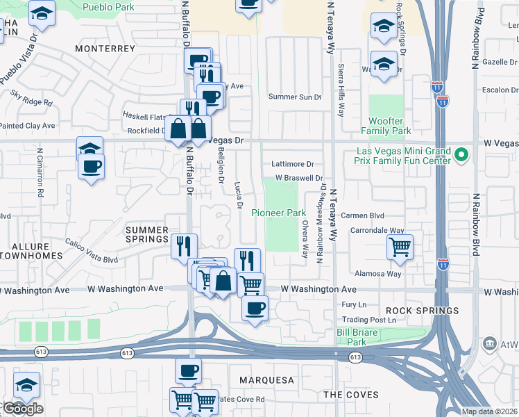 map of restaurants, bars, coffee shops, grocery stores, and more near 1312 Pacific Terrace Drive in Las Vegas