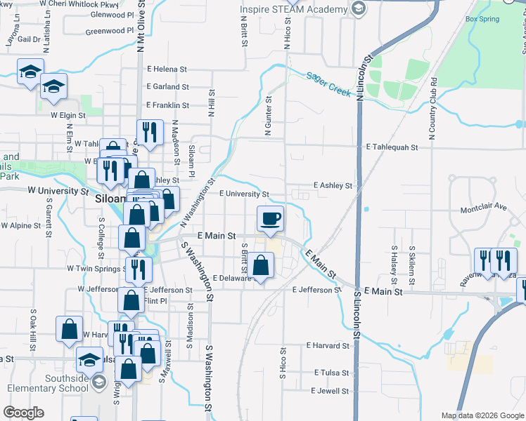 map of restaurants, bars, coffee shops, grocery stores, and more near 905 East University Street in Siloam Springs