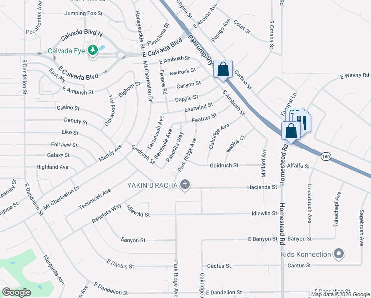 map of restaurants, bars, coffee shops, grocery stores, and more near 2380 Park Ridge Avenue in Pahrump