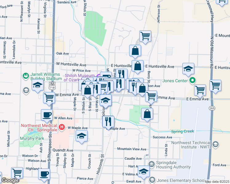 map of restaurants, bars, coffee shops, grocery stores, and more near 202 East Emma Avenue in Springdale