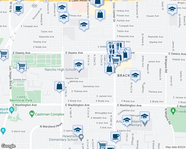 map of restaurants, bars, coffee shops, grocery stores, and more near 1404 North 21st Street in Las Vegas