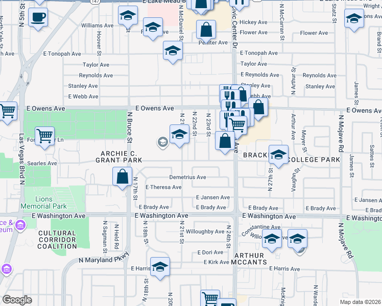 map of restaurants, bars, coffee shops, grocery stores, and more near 1400 North 21st Street in Las Vegas