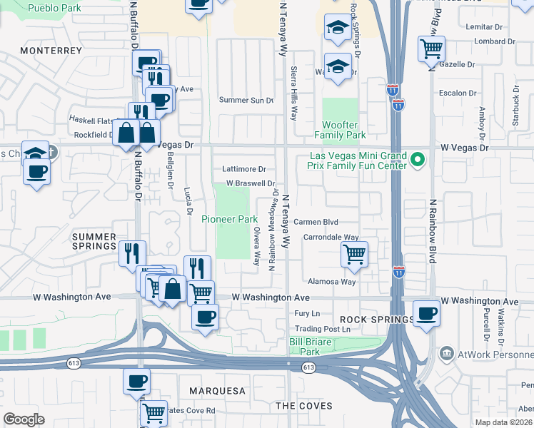 map of restaurants, bars, coffee shops, grocery stores, and more near 1301 North Rainbow Meadows Drive in Las Vegas