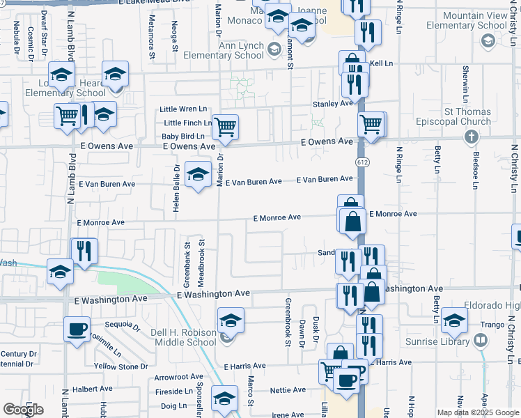 map of restaurants, bars, coffee shops, grocery stores, and more near 4818 East Monroe Avenue in Las Vegas