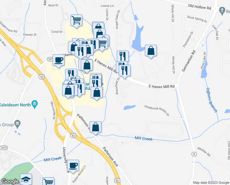 map of restaurants, bars, coffee shops, grocery stores, and more near 4515 Brassfield Drive in Winston-Salem