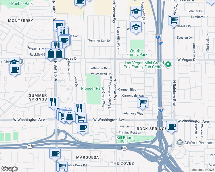 map of restaurants, bars, coffee shops, grocery stores, and more near 1301 North Rainbow Meadows Drive in Las Vegas