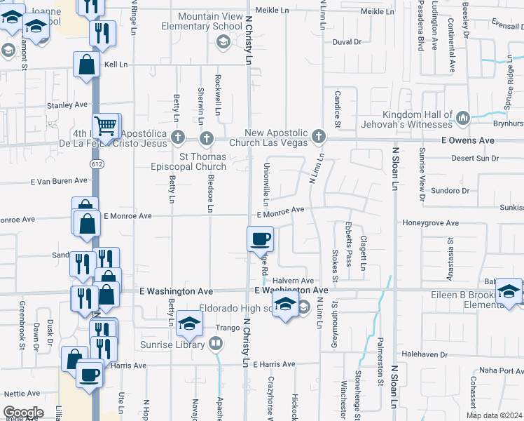 map of restaurants, bars, coffee shops, grocery stores, and more near 1407 Unionville Lane in Las Vegas