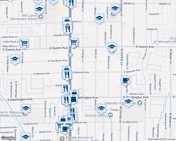 map of restaurants, bars, coffee shops, grocery stores, and more near 1450 North Ringe Lane in Las Vegas