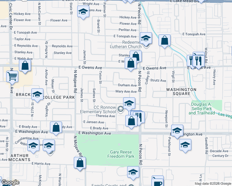 map of restaurants, bars, coffee shops, grocery stores, and more near 3320 Durham Avenue in Las Vegas