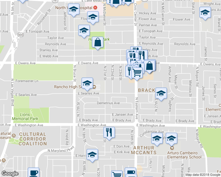 map of restaurants, bars, coffee shops, grocery stores, and more near 1400 North 21st Street in Las Vegas