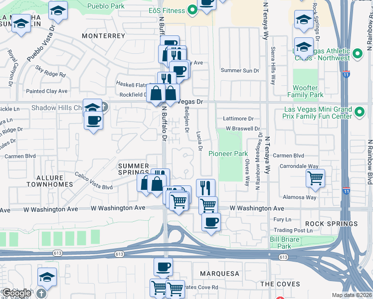 map of restaurants, bars, coffee shops, grocery stores, and more near 1412 Beaver Spring Street in Las Vegas