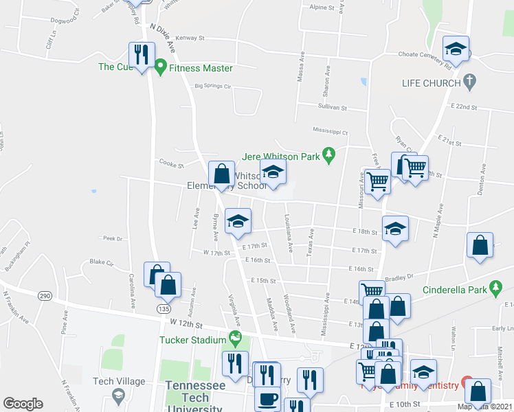 map of restaurants, bars, coffee shops, grocery stores, and more near 180 East Jere Whitson Road in Cookeville