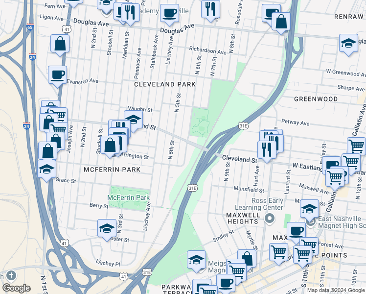 map of restaurants, bars, coffee shops, grocery stores, and more near 827 North 5th Street in Nashville
