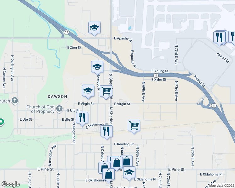 map of restaurants, bars, coffee shops, grocery stores, and more near 6565 East Virgin Street in Tulsa