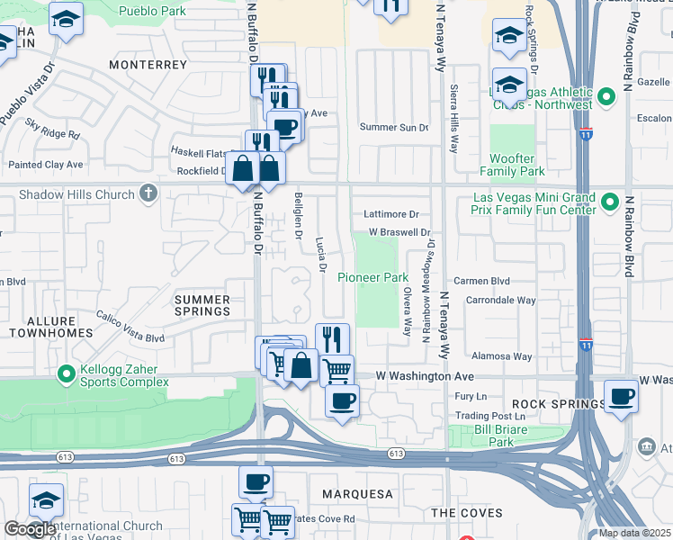 map of restaurants, bars, coffee shops, grocery stores, and more near 1317 Pacific Terrace Drive in Las Vegas