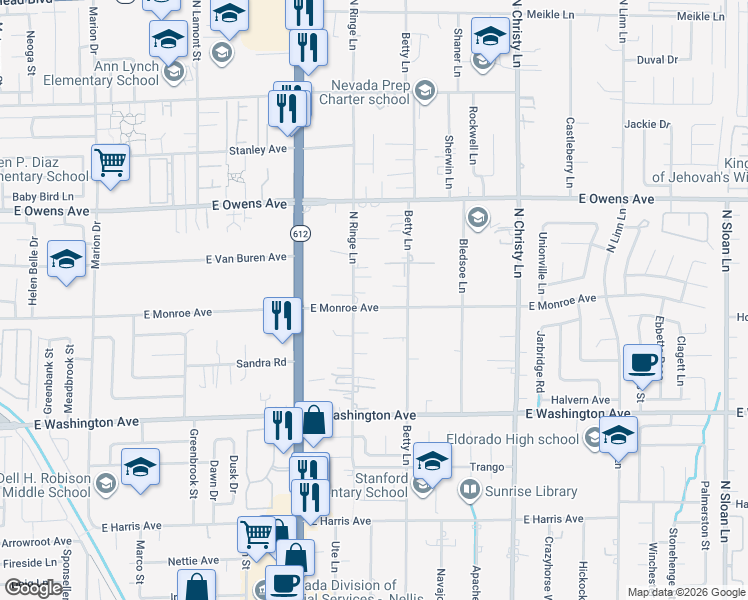 map of restaurants, bars, coffee shops, grocery stores, and more near 1450 North Ringe Lane in Las Vegas